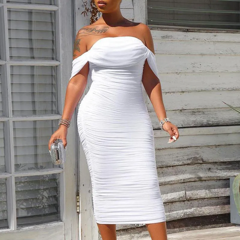 Solid Off Shoulder Sleeveless Ruched Midi Dress