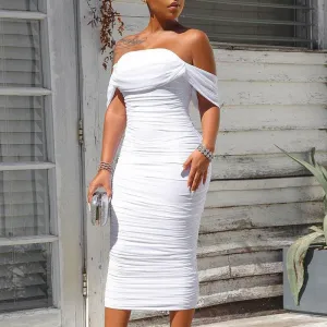 Solid Off Shoulder Sleeveless Ruched Midi Dress