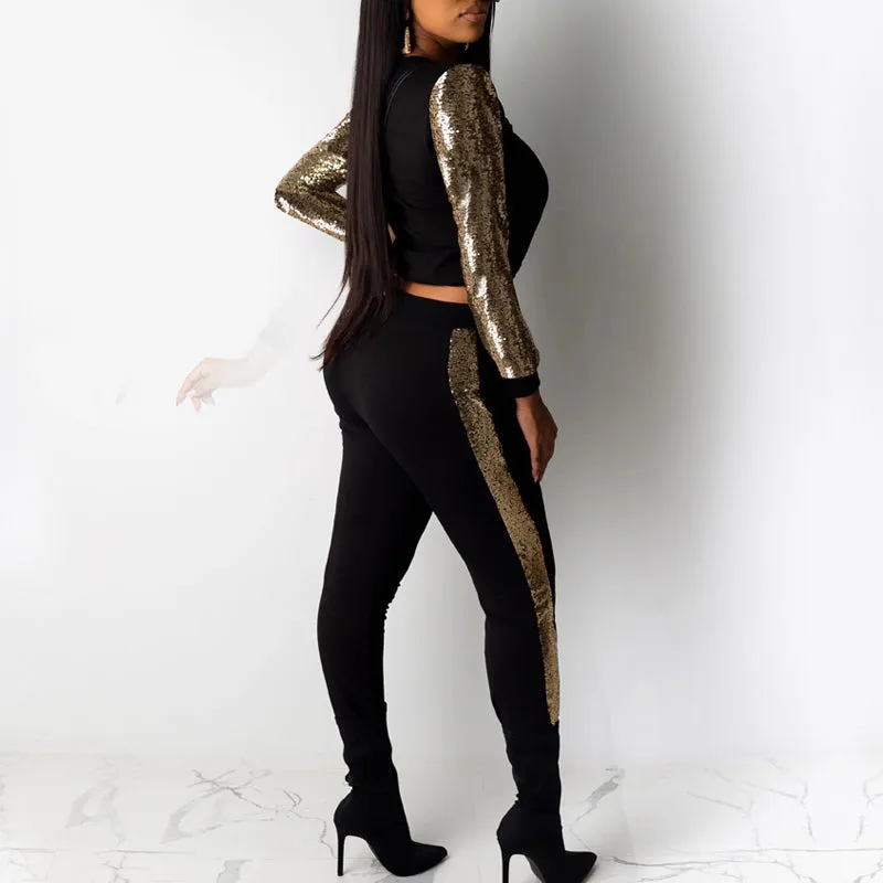 Solid Sequins Long Sleeve Crop Top & Pants Set