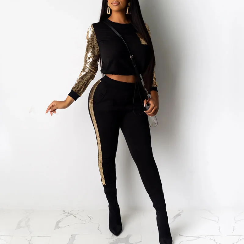 Solid Sequins Long Sleeve Crop Top & Pants Set