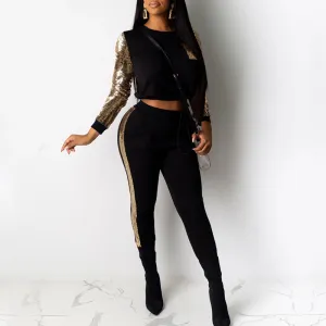 Solid Sequins Long Sleeve Crop Top & Pants Set