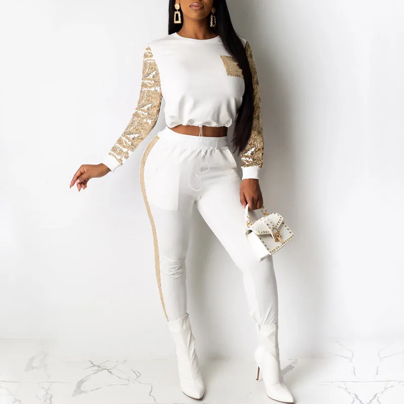 Solid Sequins Long Sleeve Crop Top & Pants Set