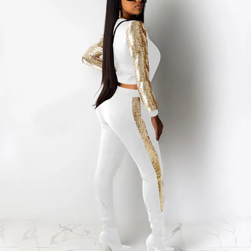 Solid Sequins Long Sleeve Crop Top & Pants Set