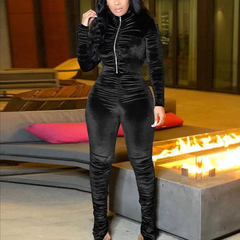 Solid Velvet Pleats Zipper Design Long Sleeve Top & Pants Set