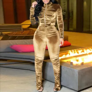 Solid Velvet Pleats Zipper Design Long Sleeve Top & Pants Set