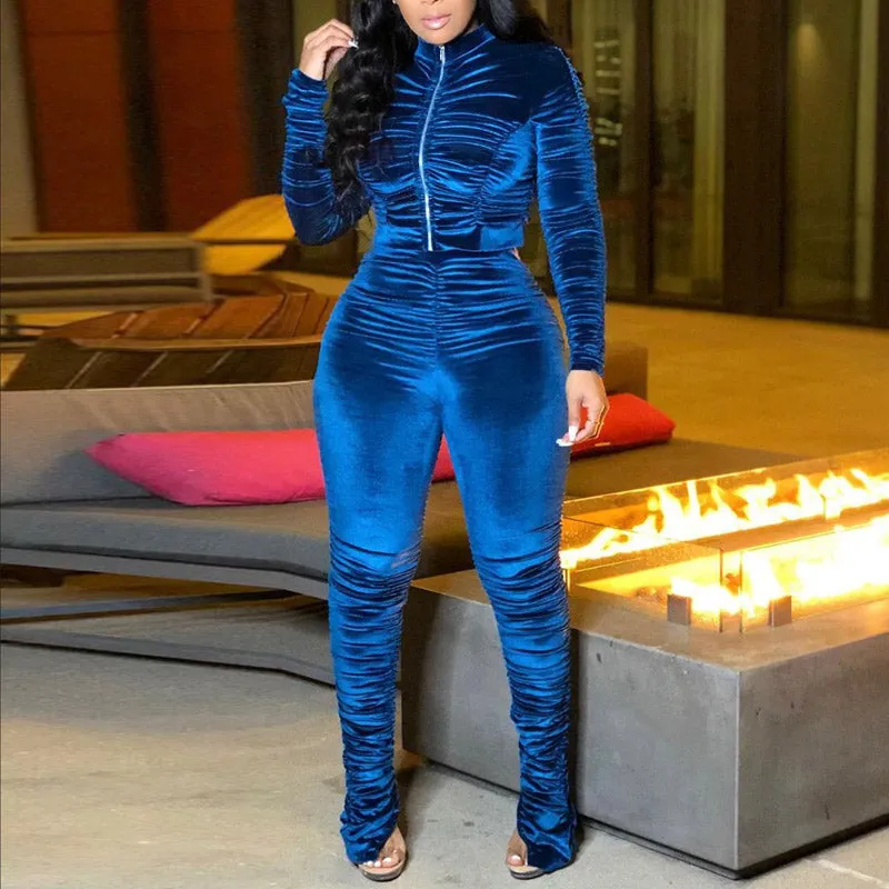 Solid Velvet Pleats Zipper Design Long Sleeve Top & Pants Set