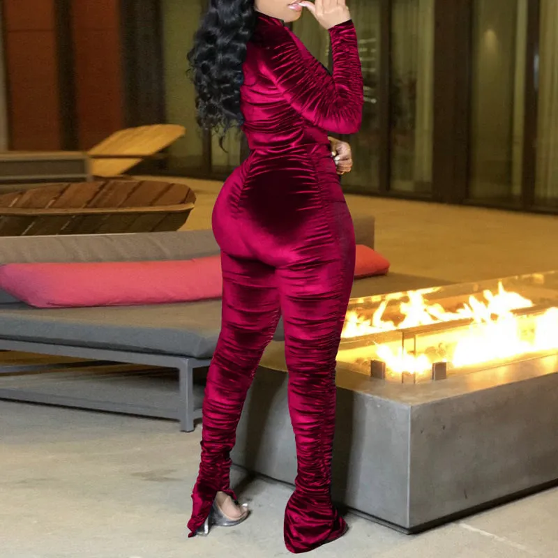 Solid Velvet Pleats Zipper Design Long Sleeve Top & Pants Set