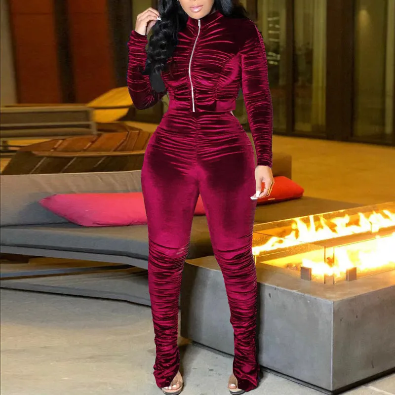 Solid Velvet Pleats Zipper Design Long Sleeve Top & Pants Set