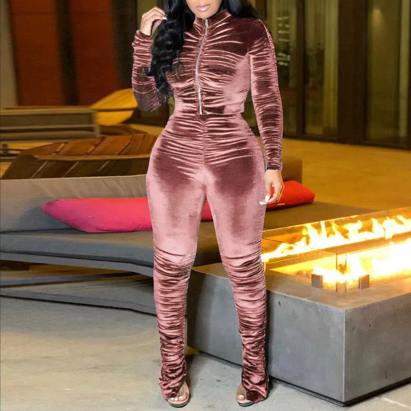 Solid Velvet Pleats Zipper Design Long Sleeve Top & Pants Set