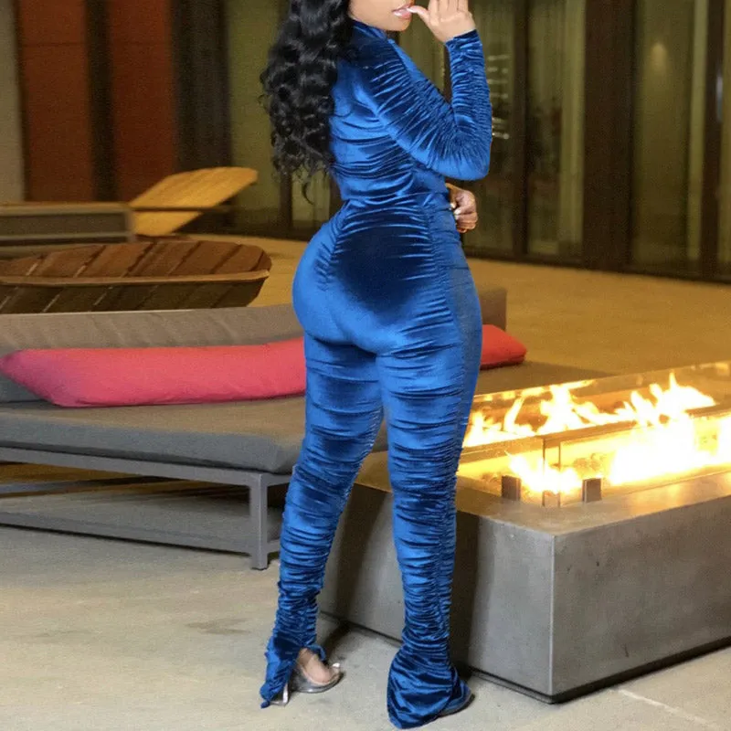 Solid Velvet Pleats Zipper Design Long Sleeve Top & Pants Set