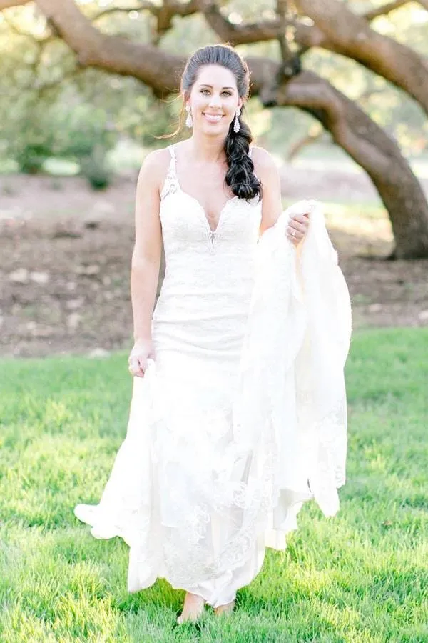 Spaghetti Straps V-Neck Mermaid Lace Wedding Gown Rustic Wedding Dress,MW447