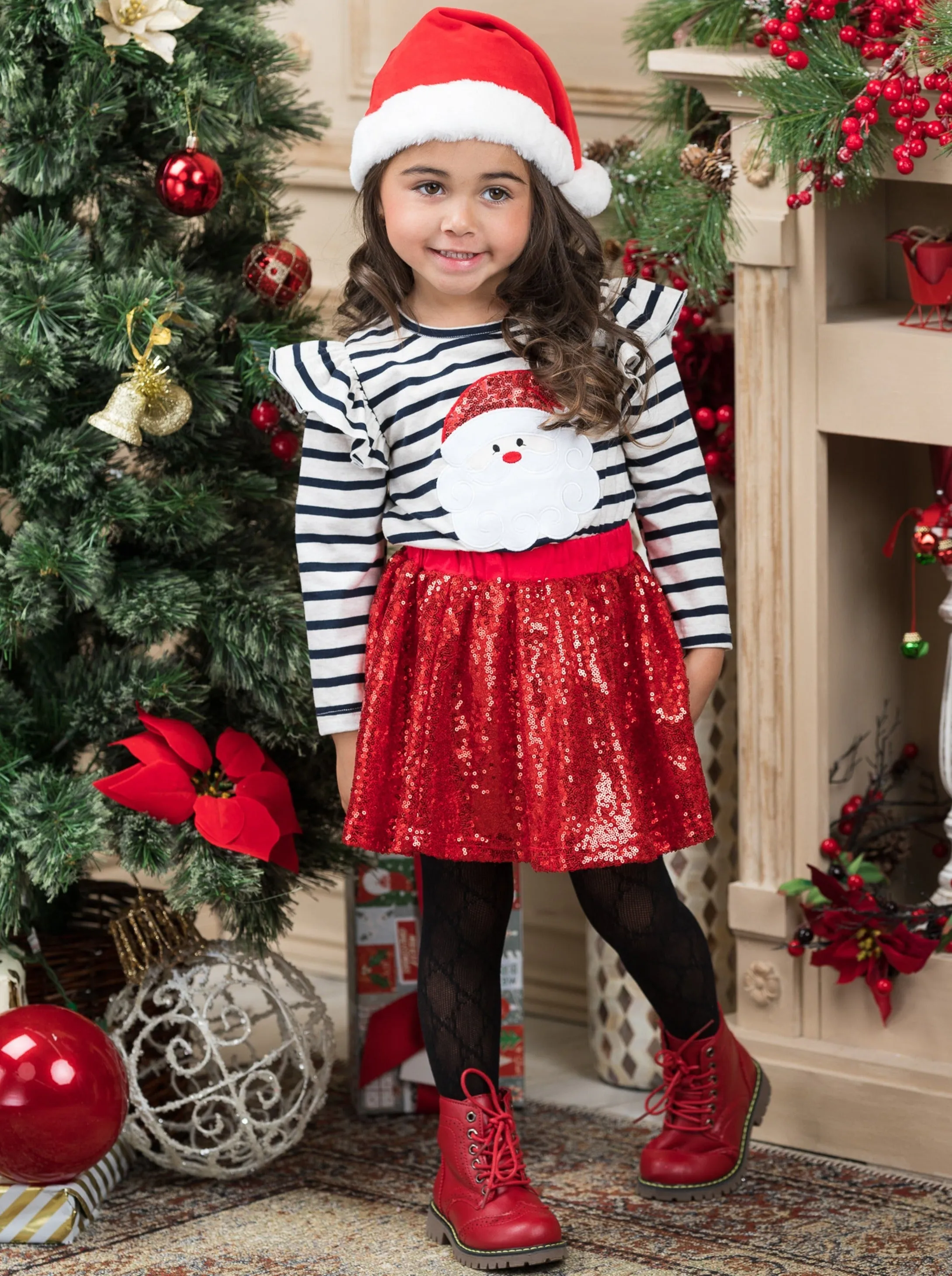 Sparkle Santa and Stripes Sequin Skirt Set