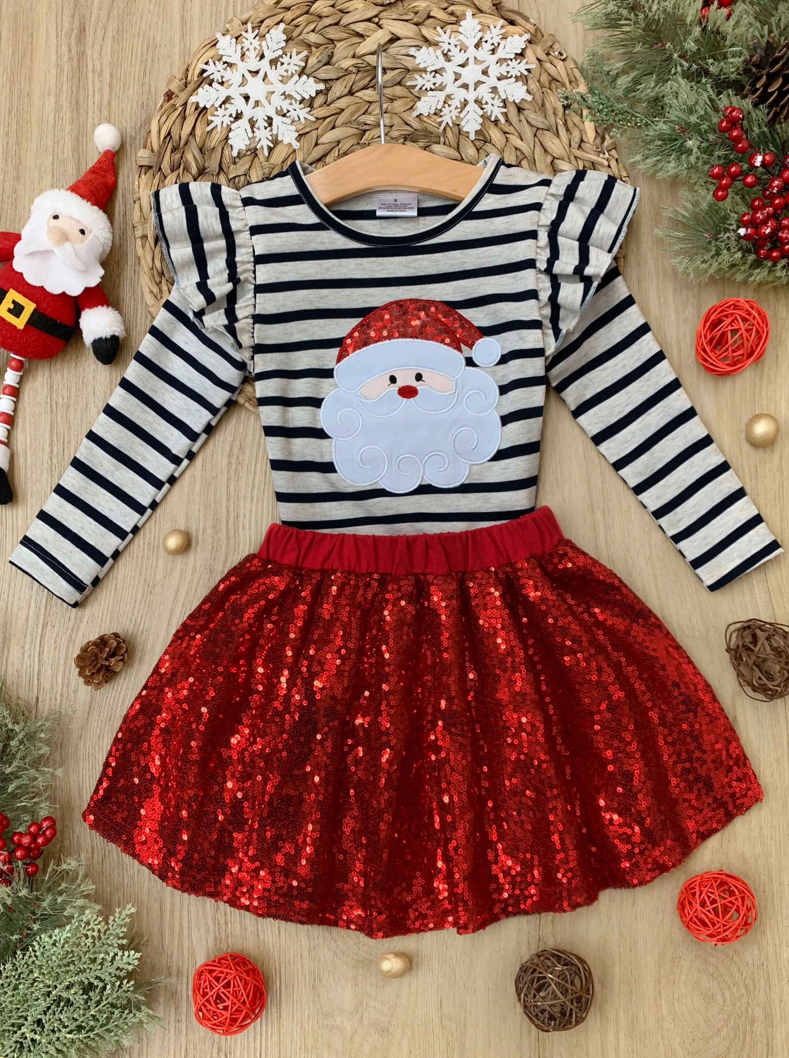 Sparkle Santa and Stripes Sequin Skirt Set