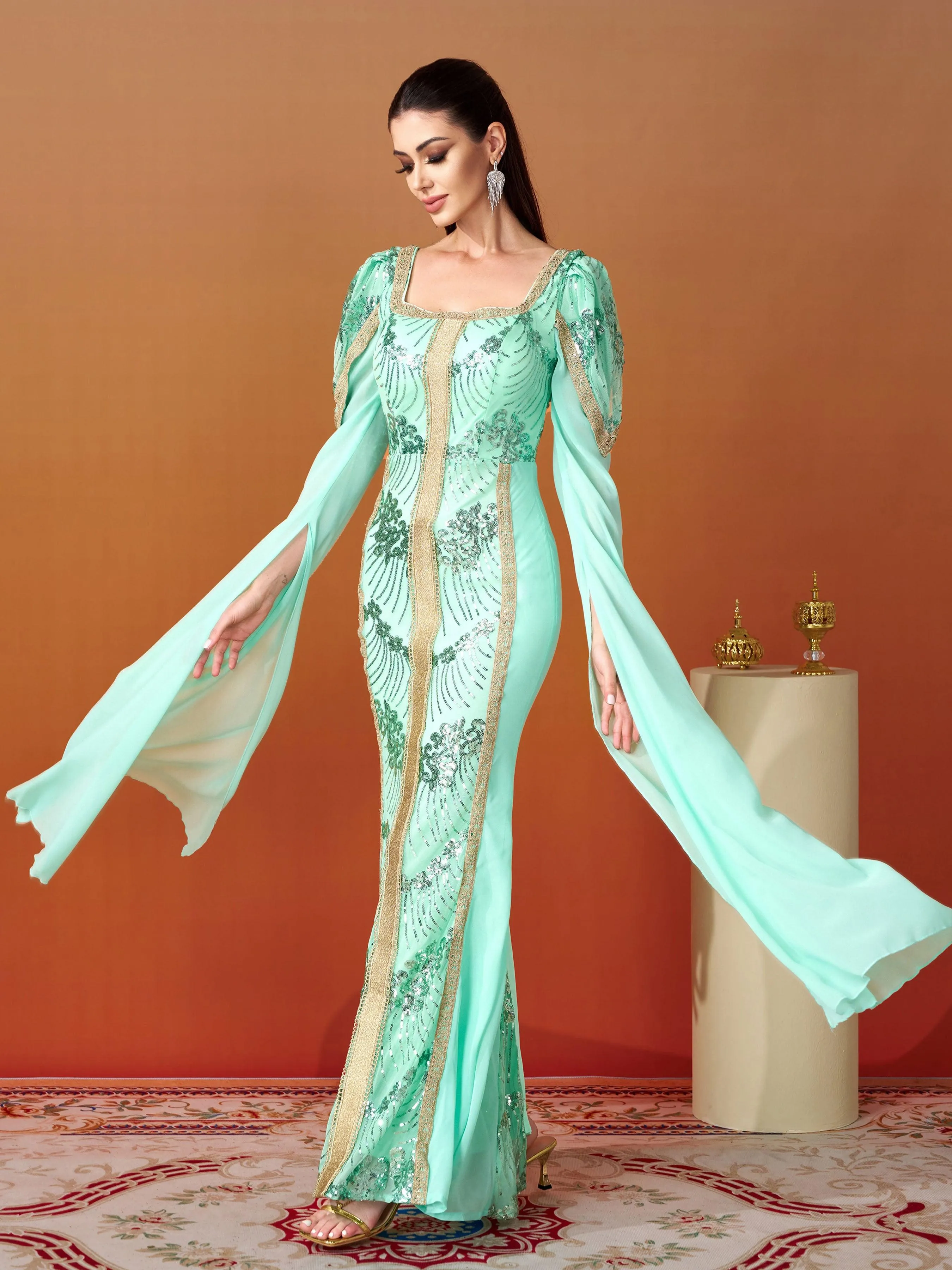 Square Neck Sequin Split Mermaid Dress MES00369