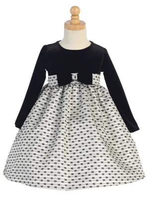 Stretch Velvet & Silver Jacquard Holiday Dress with Bows Design  C-991S