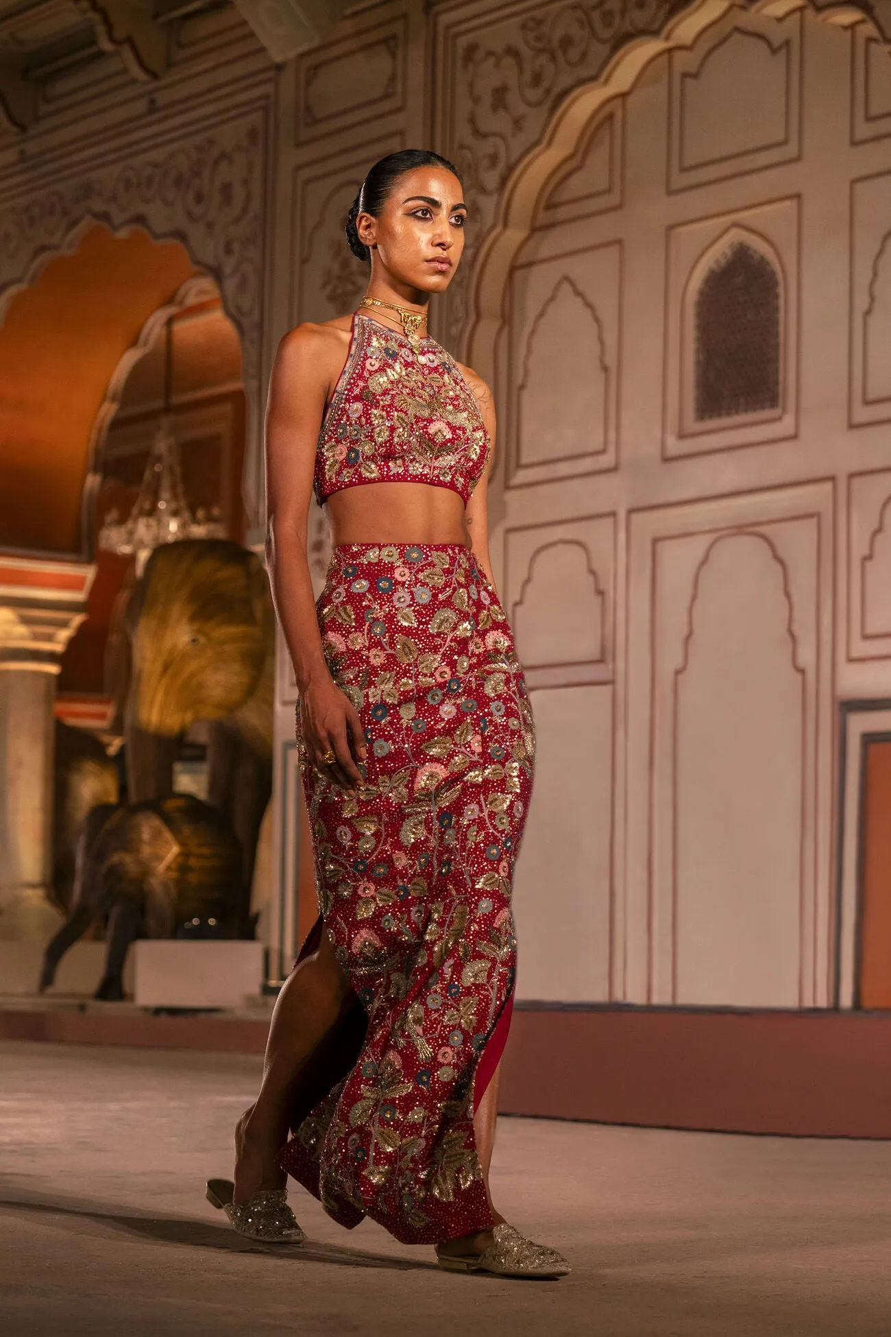 Symphony Of The Wilderness Embroidered Zardozi Silk Skirt Set - Wine