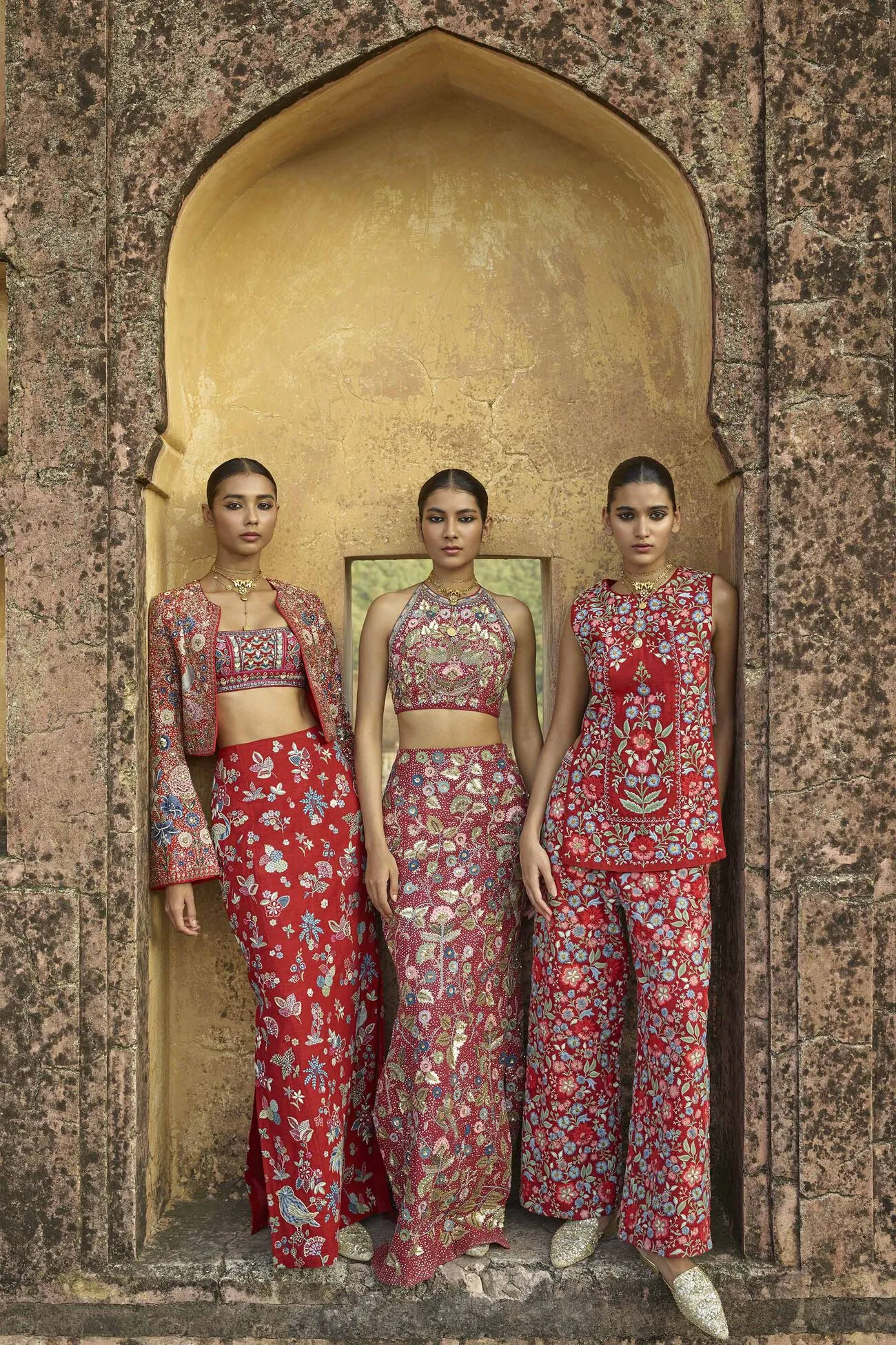Symphony Of The Wilderness Embroidered Zardozi Silk Skirt Set - Wine