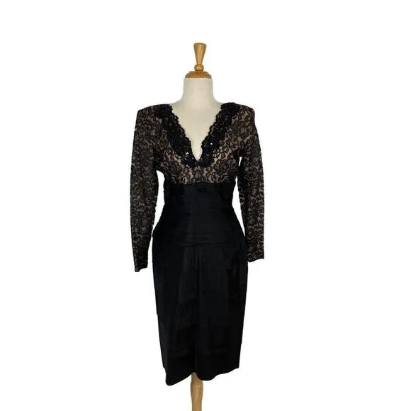 Tadashi Lillie Rubin M Black Lace Pencil Dress Evening Wiggle Pin Up 1980s VTG