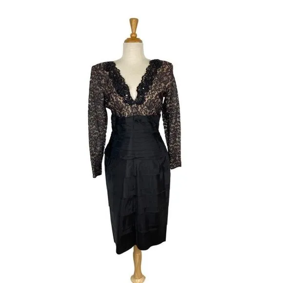 Tadashi Lillie Rubin M Black Lace Pencil Dress Evening Wiggle Pin Up 1980s VTG