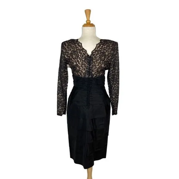 Tadashi Lillie Rubin M Black Lace Pencil Dress Evening Wiggle Pin Up 1980s VTG