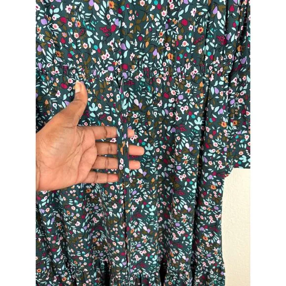 Talbots Dress Sz 18 Teal Blue Folk Floral Dress Peplum Hem Midi  Peasant Boho