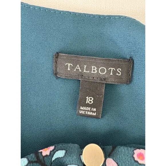 Talbots Dress Sz 18 Teal Blue Folk Floral Dress Peplum Hem Midi  Peasant Boho