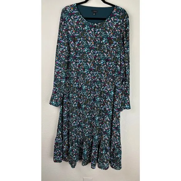 Talbots Dress Sz 18 Teal Blue Folk Floral Dress Peplum Hem Midi  Peasant Boho