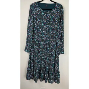 Talbots Dress Sz 18 Teal Blue Folk Floral Dress Peplum Hem Midi  Peasant Boho