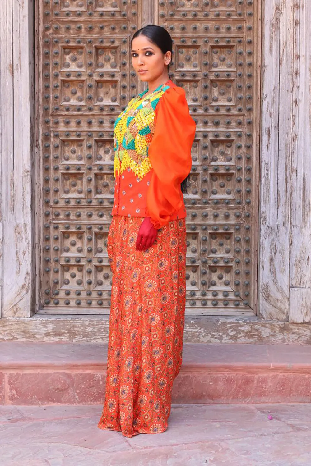 Tangerine Overlay Bodice With Drape Skirt