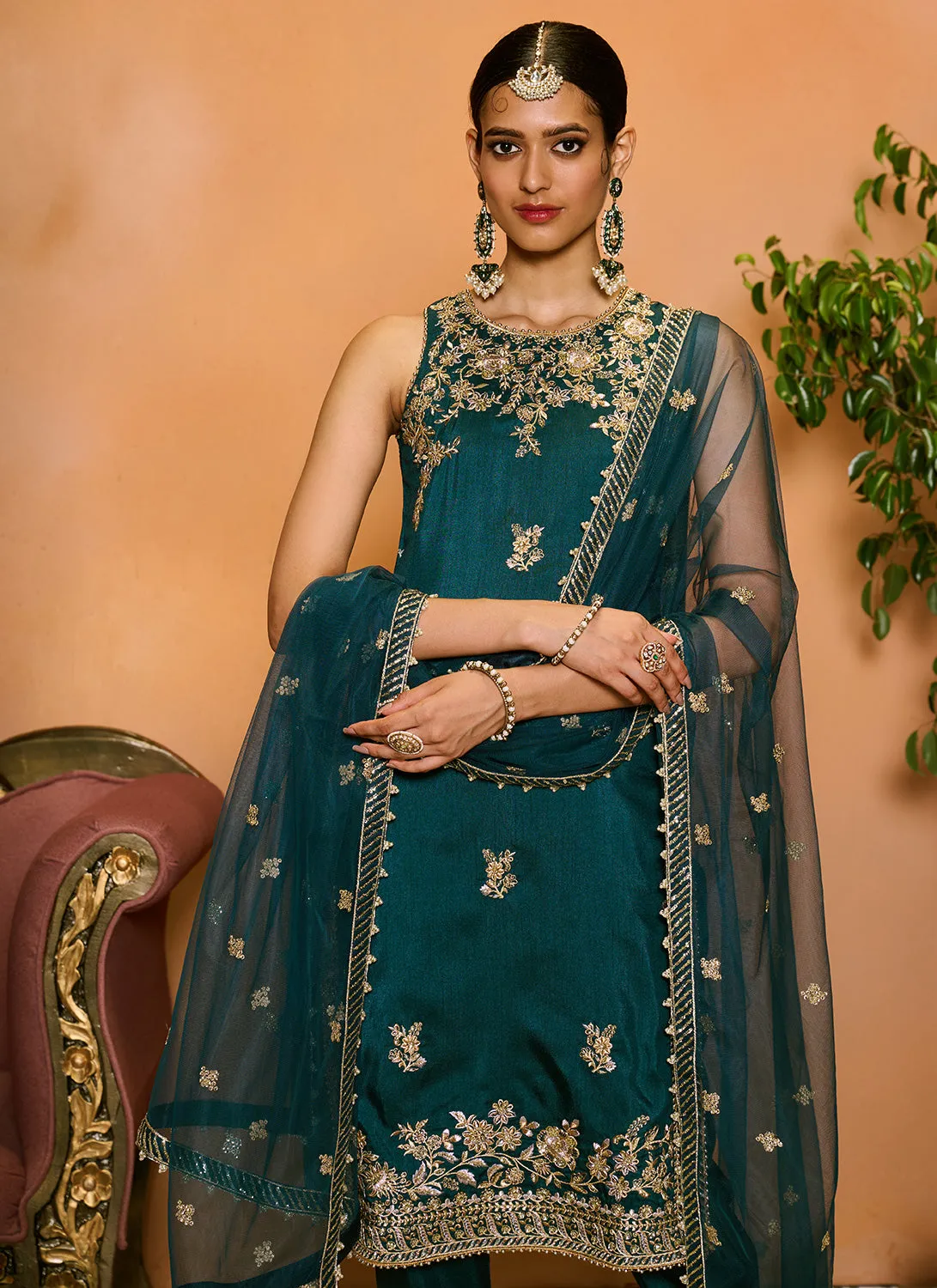 Teal Blue Embroidered Straight Suit