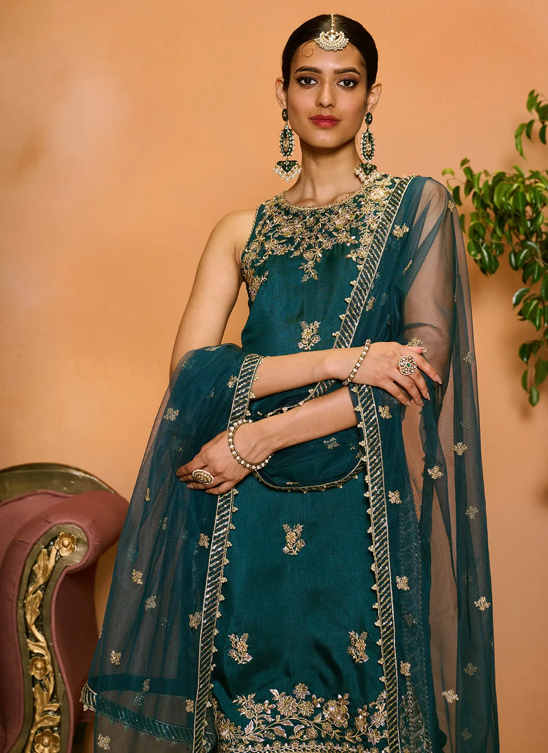 Teal Blue Embroidered Straight Suit