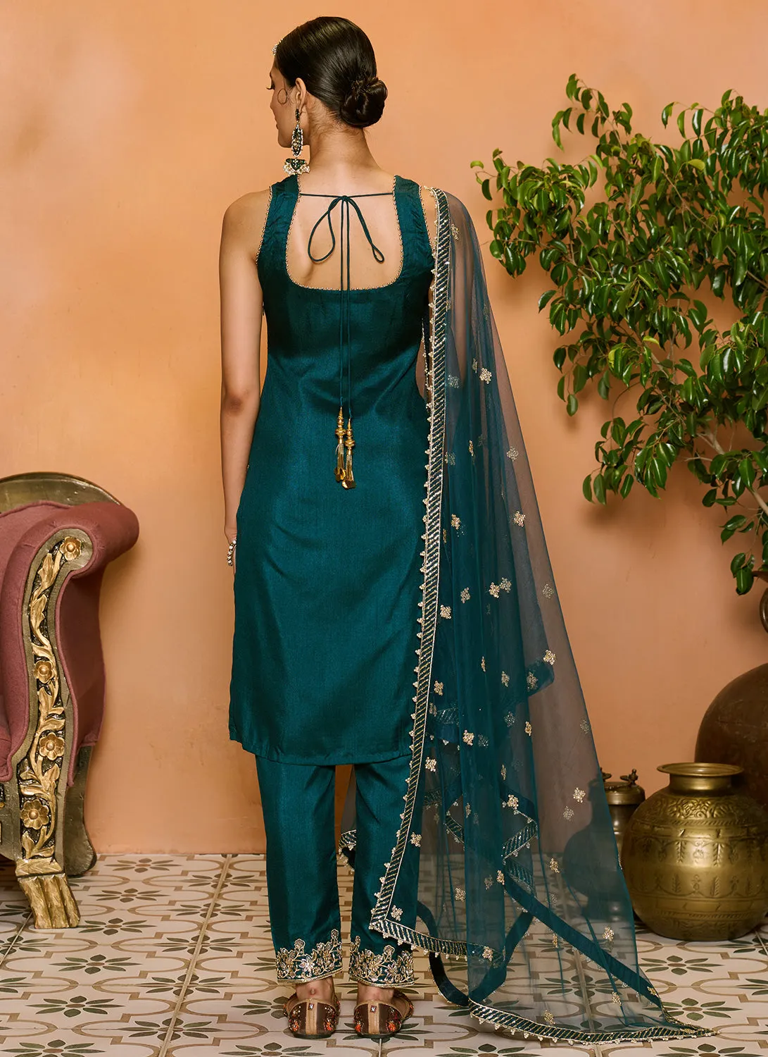 Teal Blue Embroidered Straight Suit
