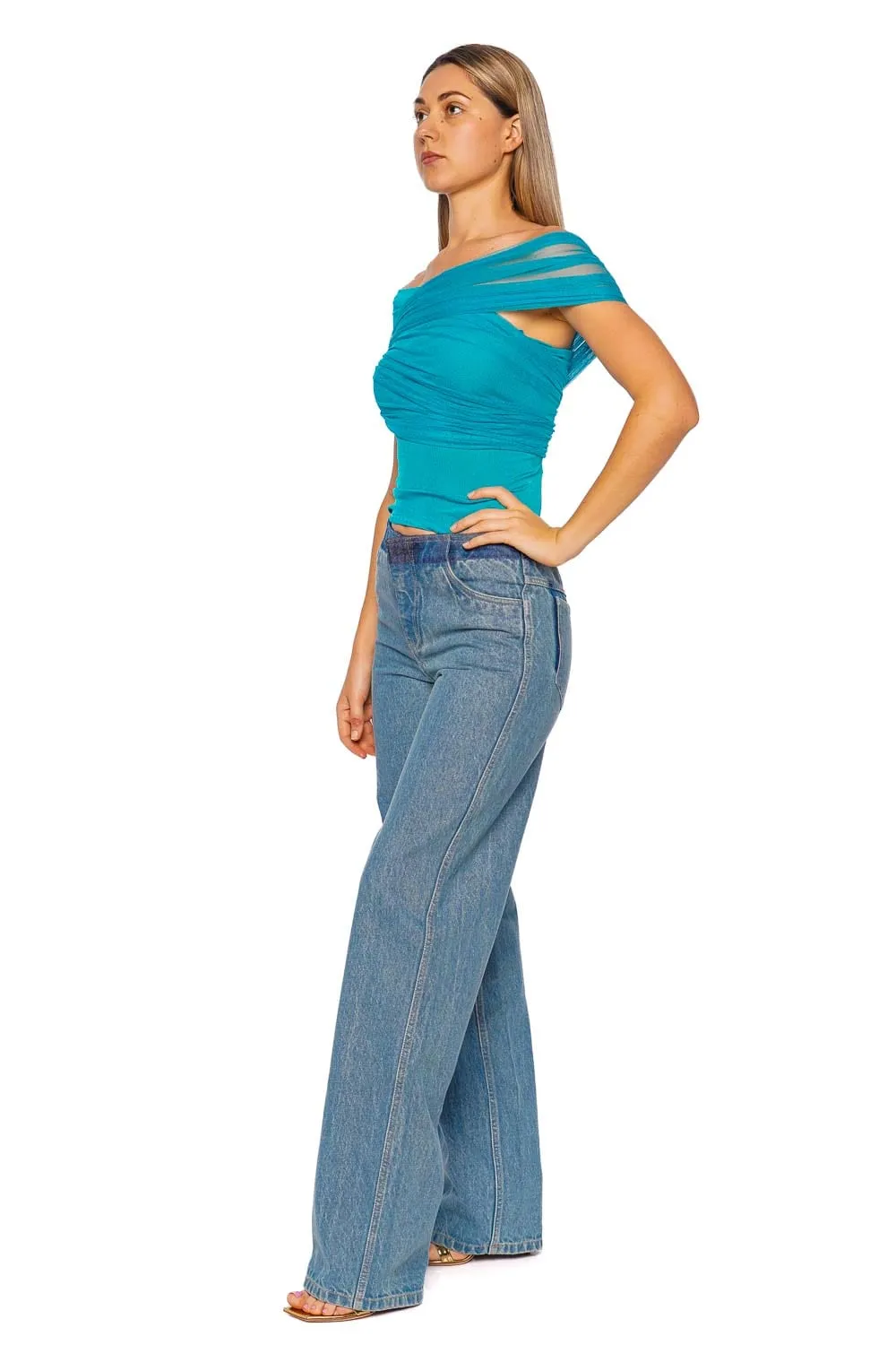 Teal Crossed Tulle Ribbed Top