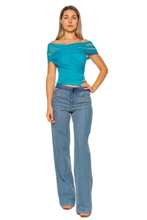 Teal Crossed Tulle Ribbed Top