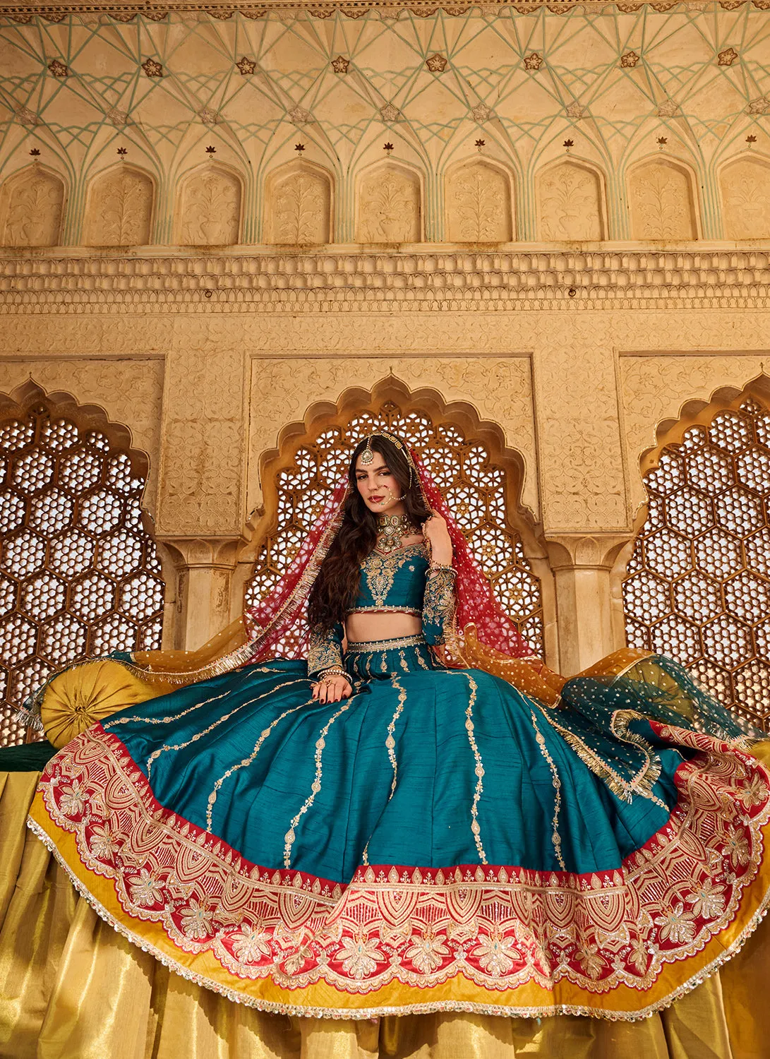 Teal Multicolor Embroidered Silk Lehenga