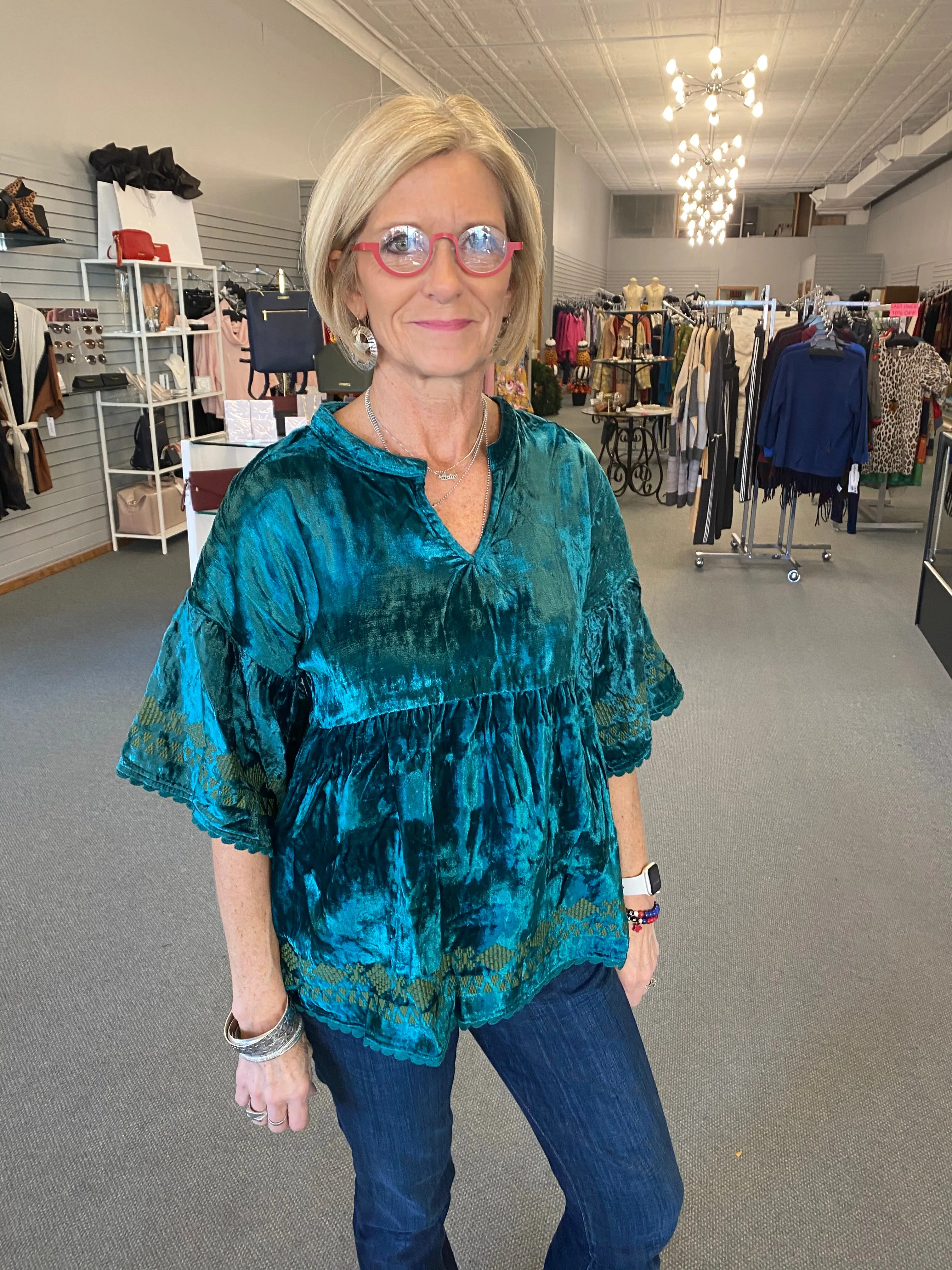 Teal Popover Bordered Velvet Top