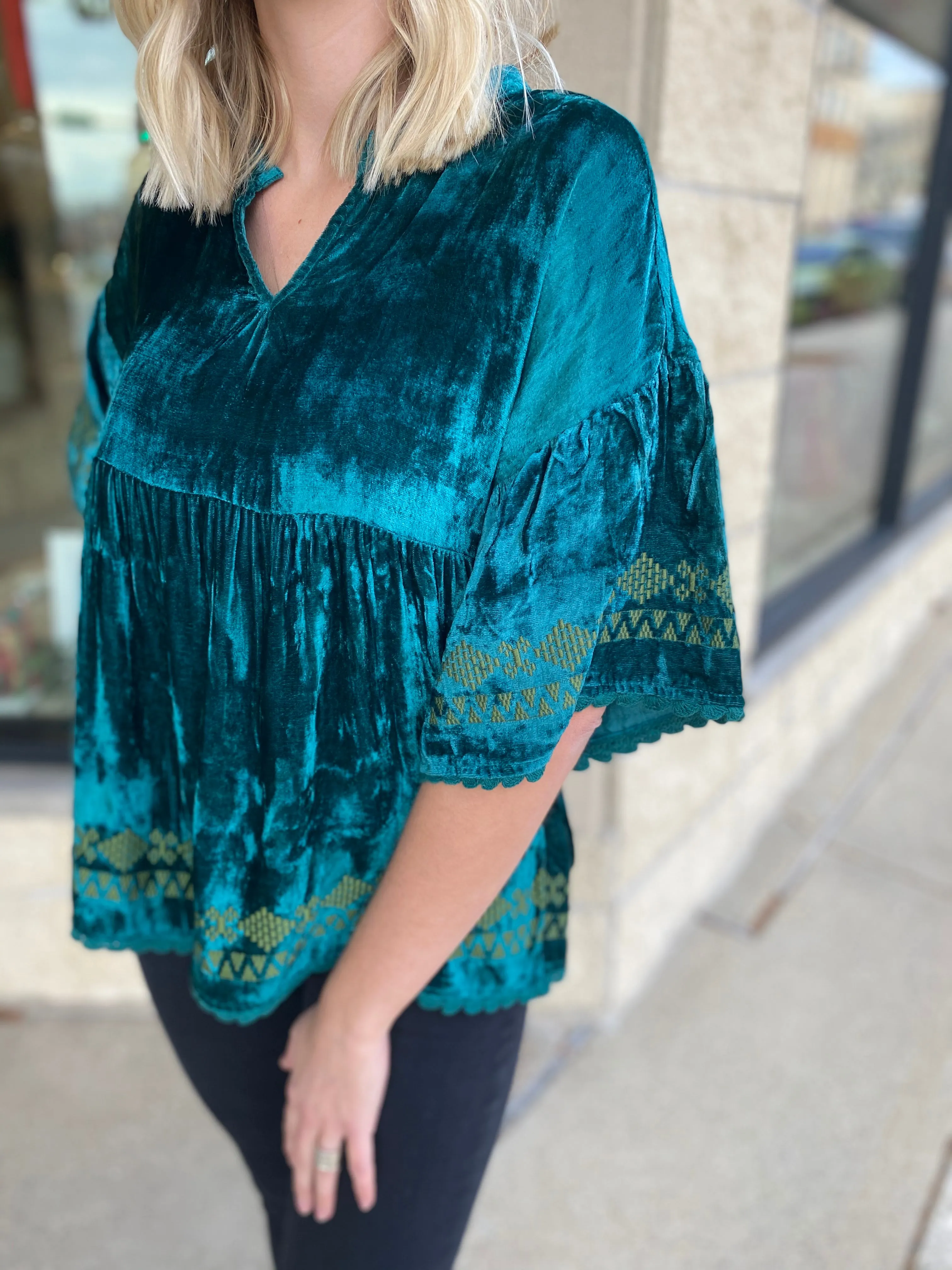 Teal Popover Bordered Velvet Top