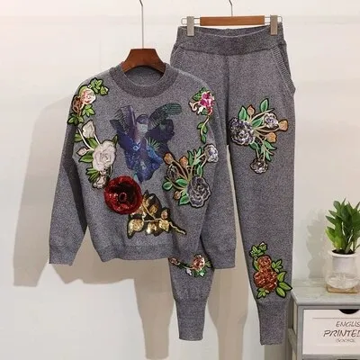 Thalia 2 piece set women Embroidery sequin knitted Track set