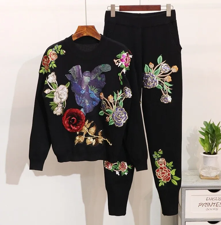 Thalia 2 piece set women Embroidery sequin knitted Track set