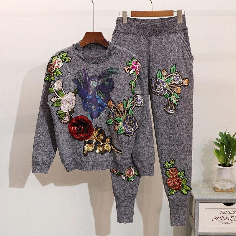 Thalia 2 piece set women Embroidery sequin knitted Track set