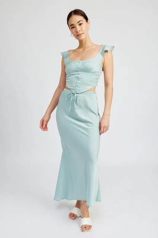 TIE FRONT SATIN MIDI SKIRT