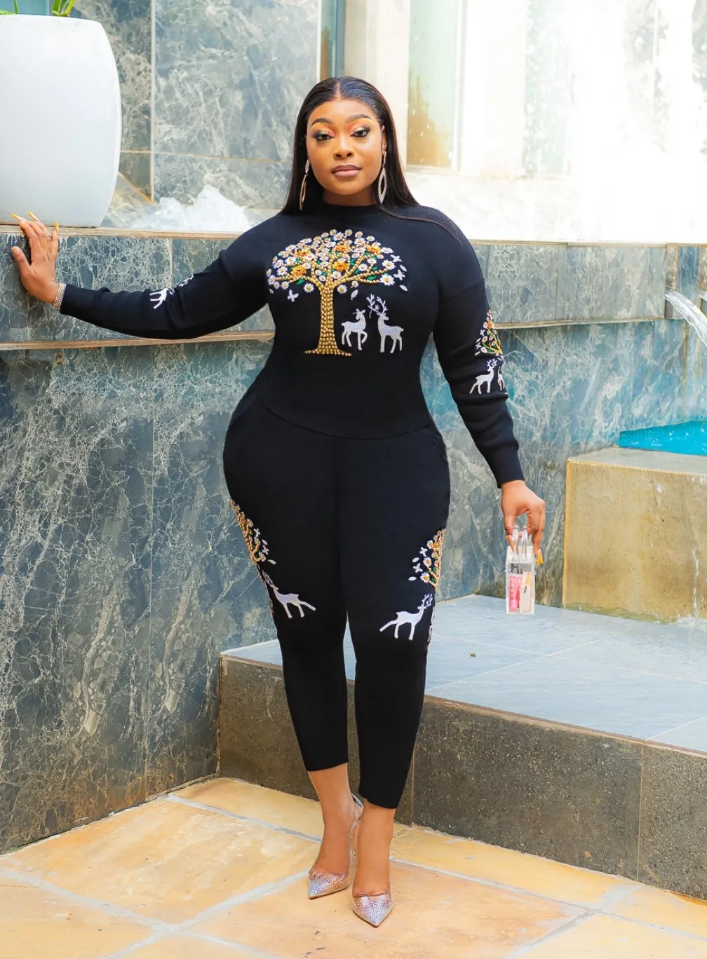 Tree of Wealth- 2 pcs Embellished Sweater Tracksuit Set (NEW! 2 colors!)