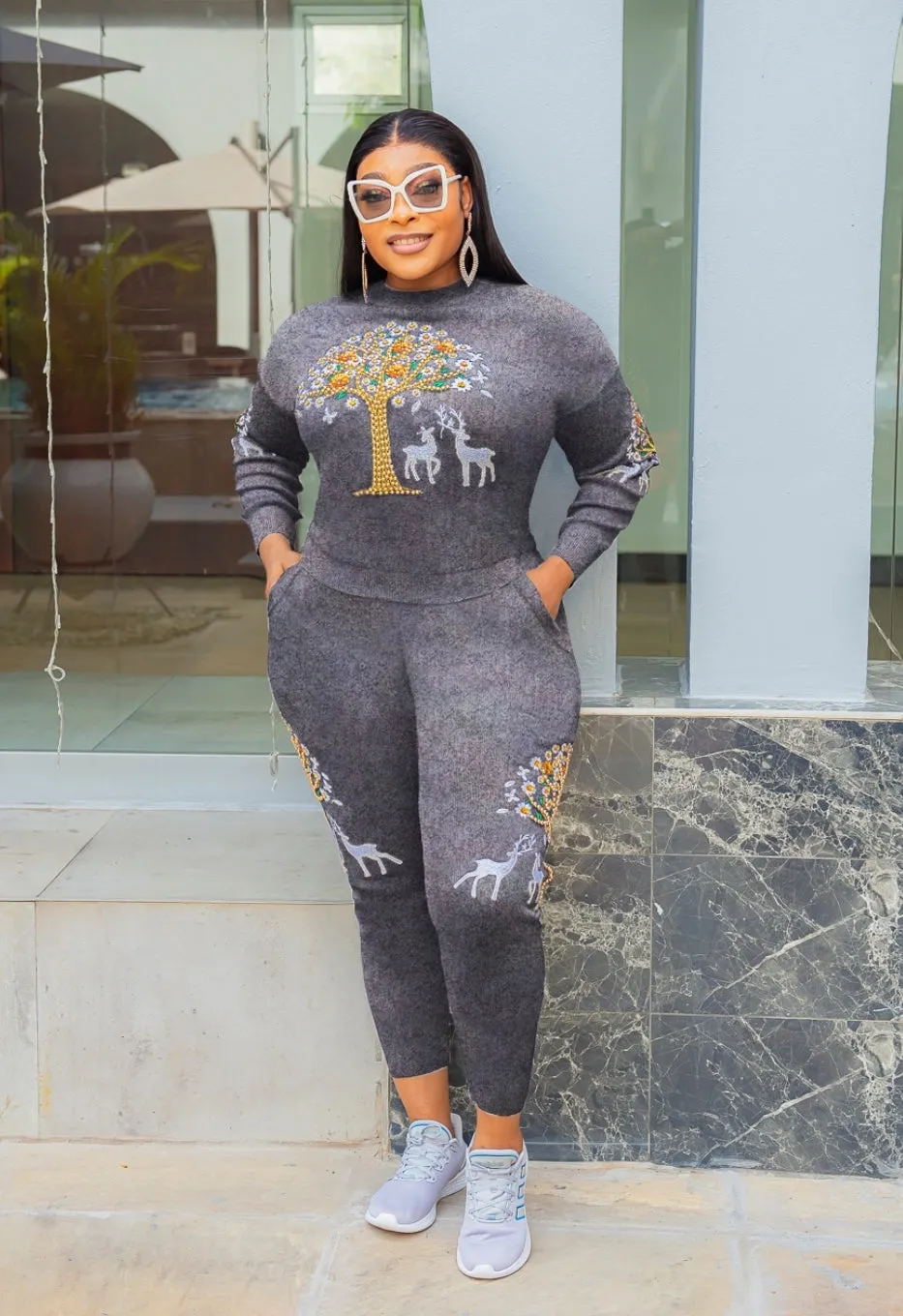 Tree of Wealth- 2 pcs Embellished Sweater Tracksuit Set (NEW! 2 colors!)