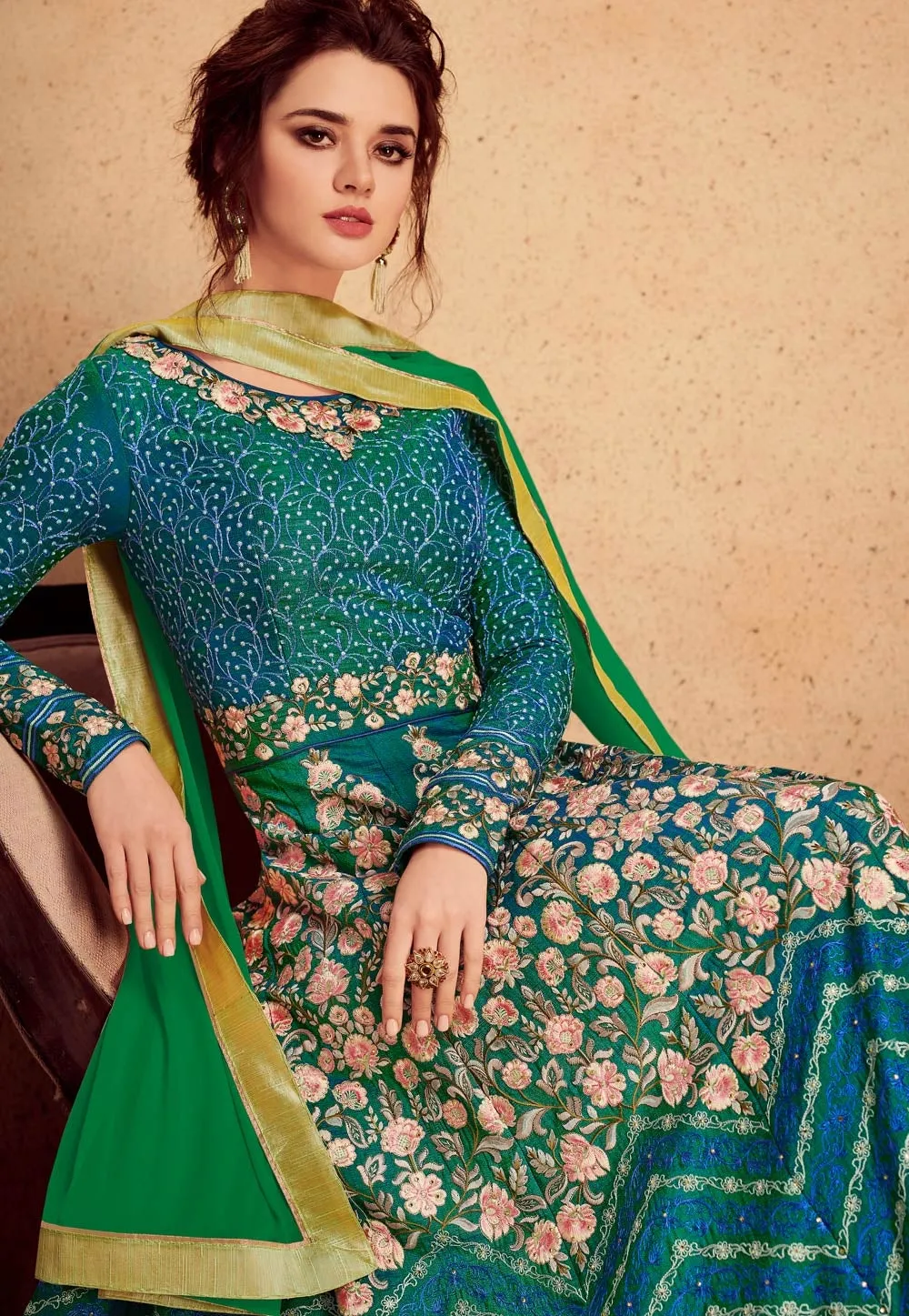 Turquoise Green Embroidered Silk Anarkali Suit
