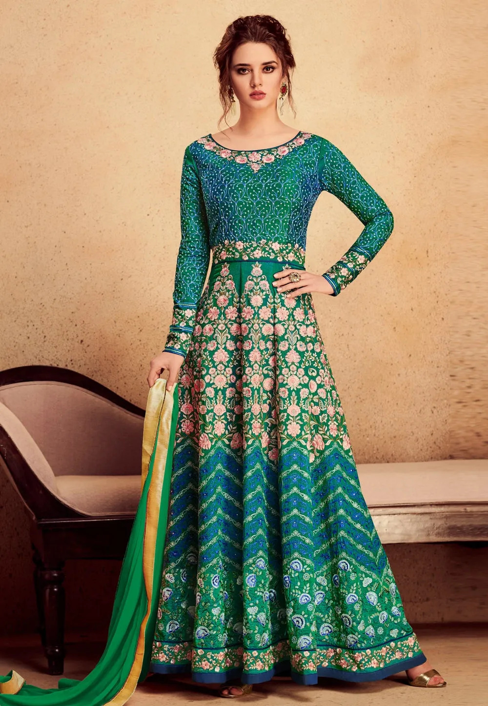 Turquoise Green Embroidered Silk Anarkali Suit