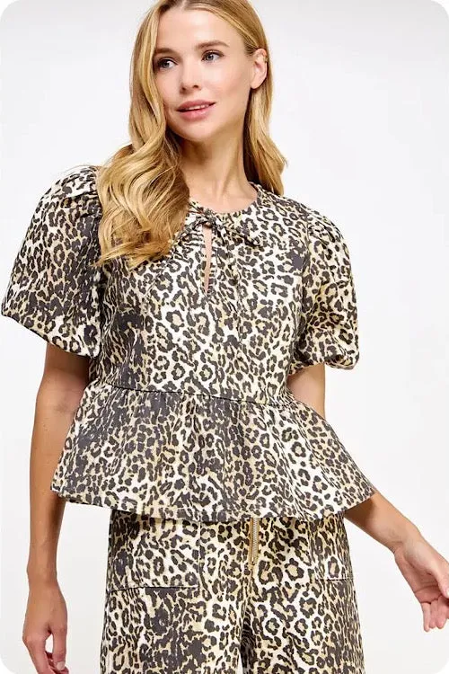 Twill Leopard Puff Sleeve Top