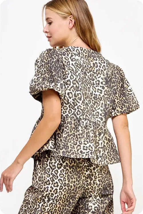 Twill Leopard Puff Sleeve Top