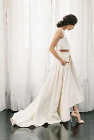 Two Piece Ivory Satin Open Back Wedding Dress, Sweep Train