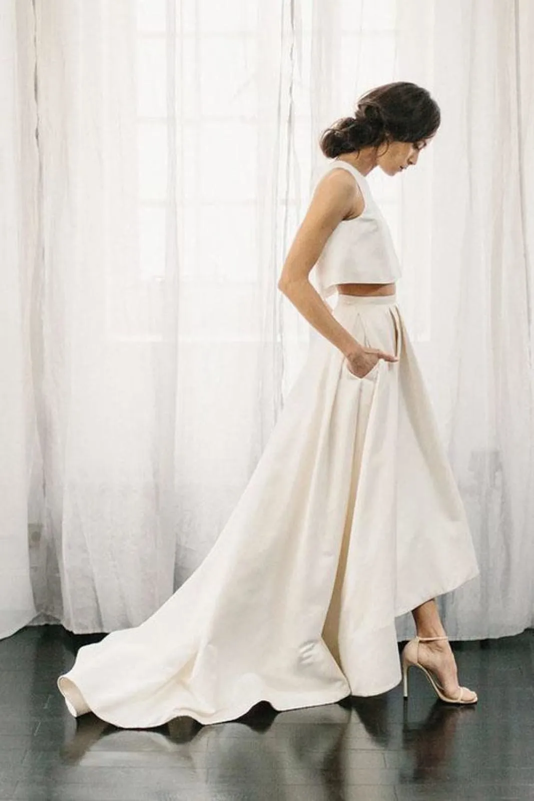 Two Piece Ivory Satin Open Back Wedding Dress, Sweep Train