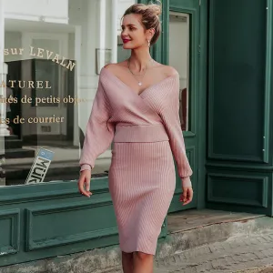 Two-Piece V-Neck Knitted Batwing Sleeve Top and Fitted Skirt